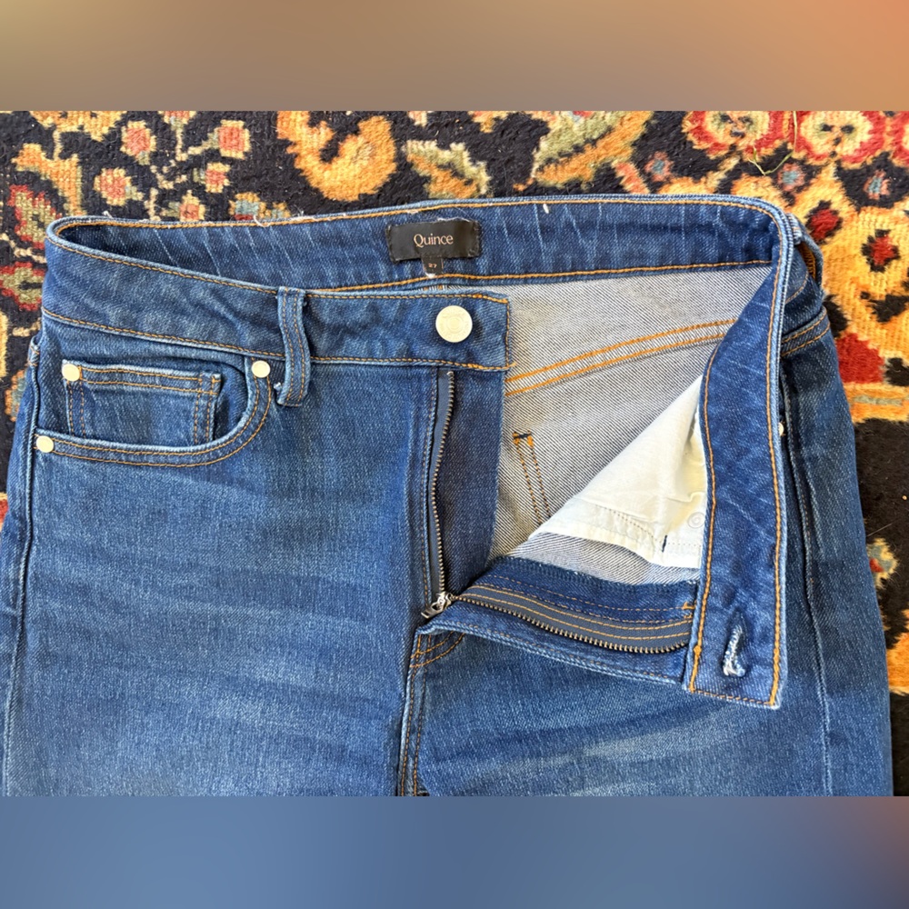 Quince, Bella stretch, relaxed straight jeans, stormy blue size 27